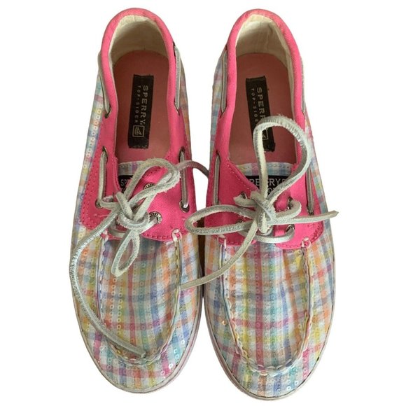 Sperry Other - Sperry Bahamas Top Sider Pink Plaid Print Sequins Loafers Size 4